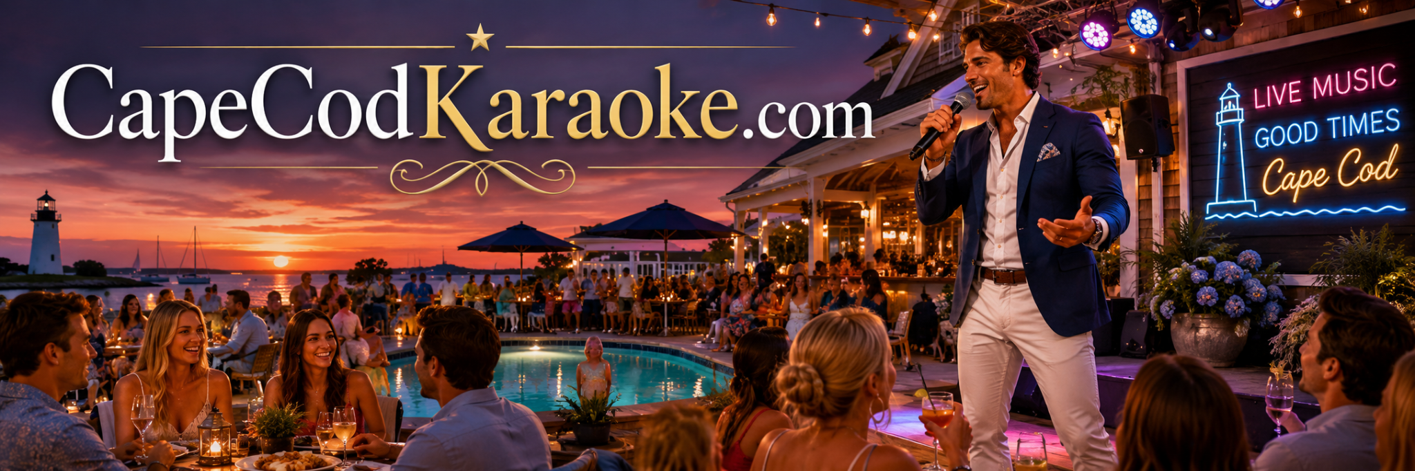CapeCodKaraoke.com outdoor karaoke banner with singer, poolside bar, happy crowd, lighthouse, and Cape Cod nightlife atmosphere